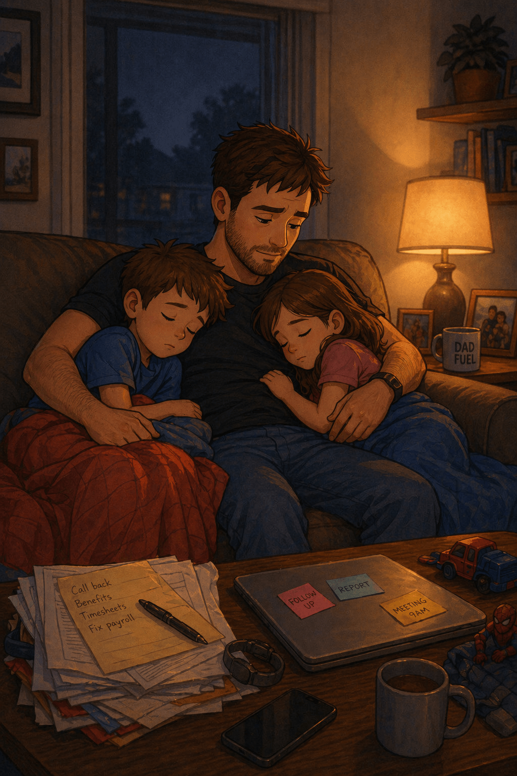 Father sitting on couch holding his two sleeping children, surrounded by work papers and soft evening light