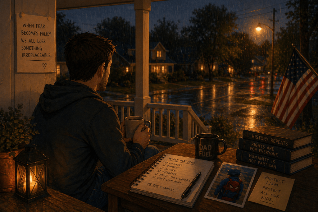 A father sits on a porch at night in the rain, holding a coffee and reflecting while looking out at his neighborhood, with notes about values and protecting children on the table beside him.