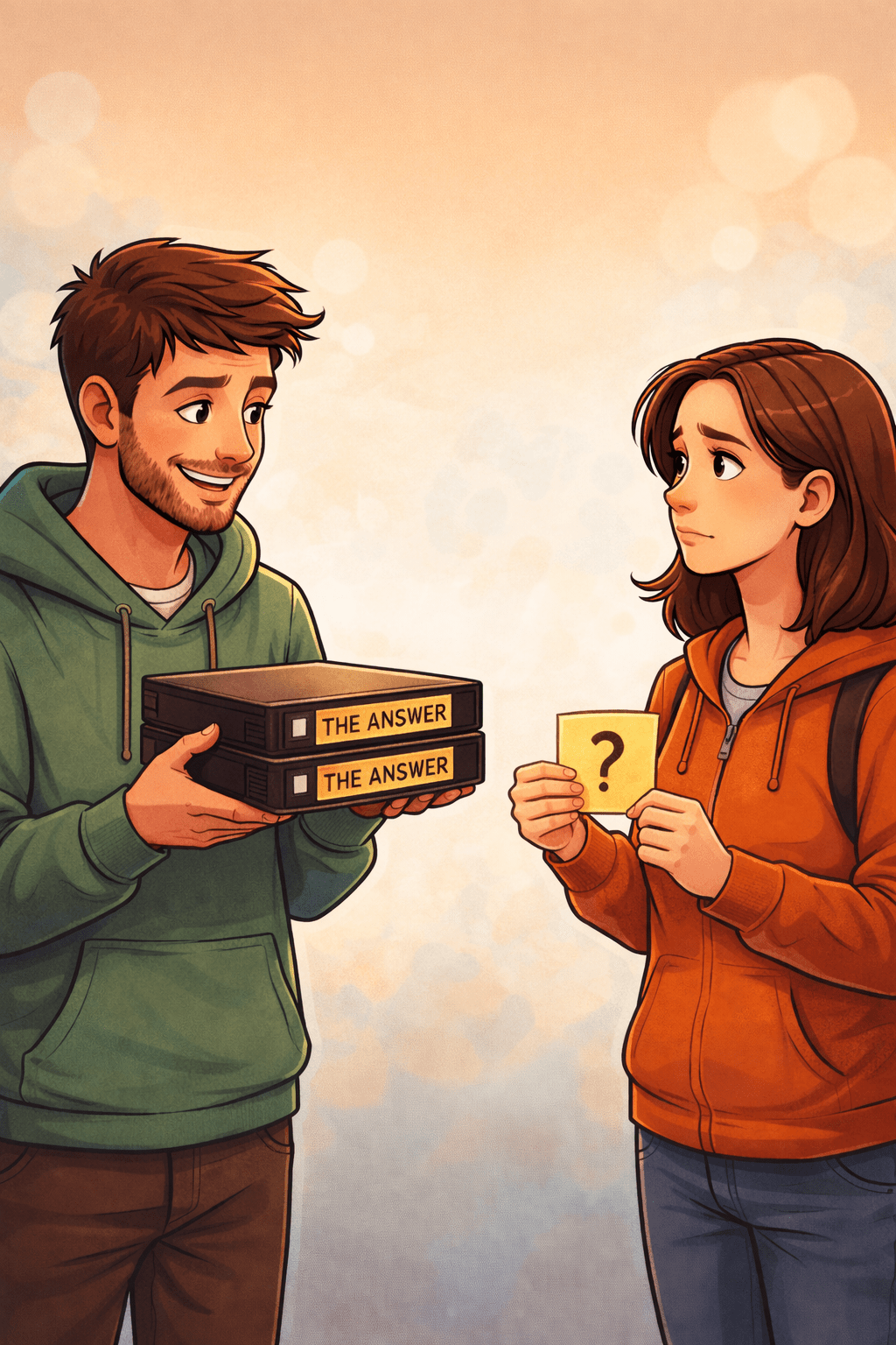 Man handing two VHS tapes labeled “The Answer” to a confused woman holding a question mark, representing over-explaining and miscommunication