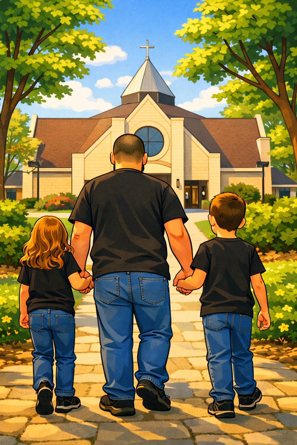 Cartoon illustration of a father walking with his son and daughter toward their church