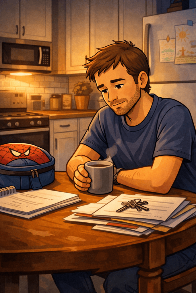 Cartoon-style illustration of a thoughtful father sitting at a kitchen table late at night with coffee, papers, and a child’s backpack