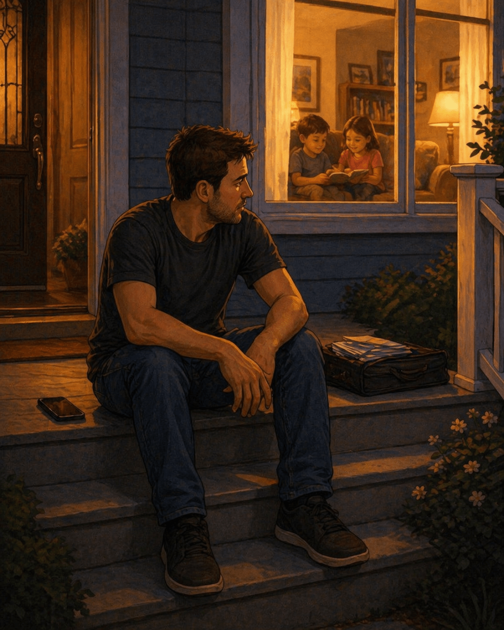 Illustration of a tired father sitting on the front porch at dusk, looking back toward his warmly lit home where his children are inside, with his phone and work papers nearby.