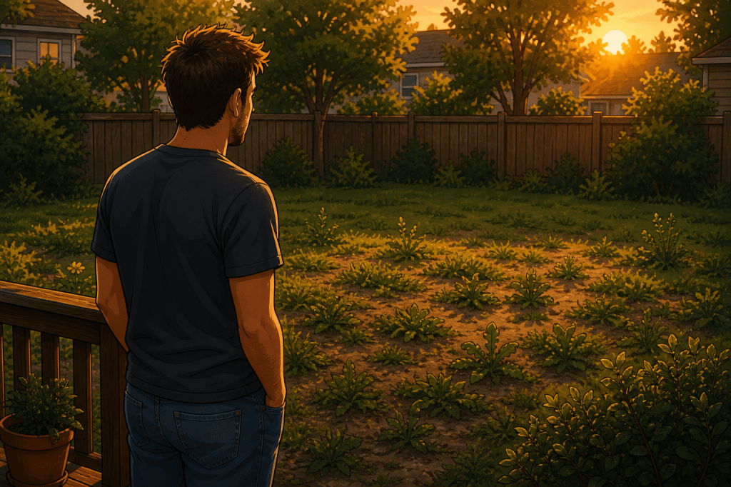 Cartoon-style image of a man standing on a deck at sunset, looking out over a weedy backyard.