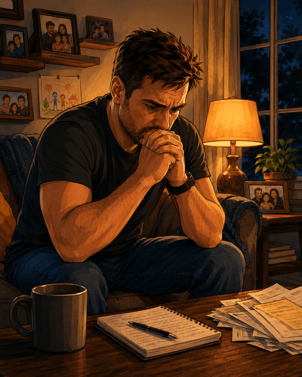 A cartoon-style father sits alone in a dimly lit living room, hands clasped in thought, surrounded by papers, coffee, and family photos.